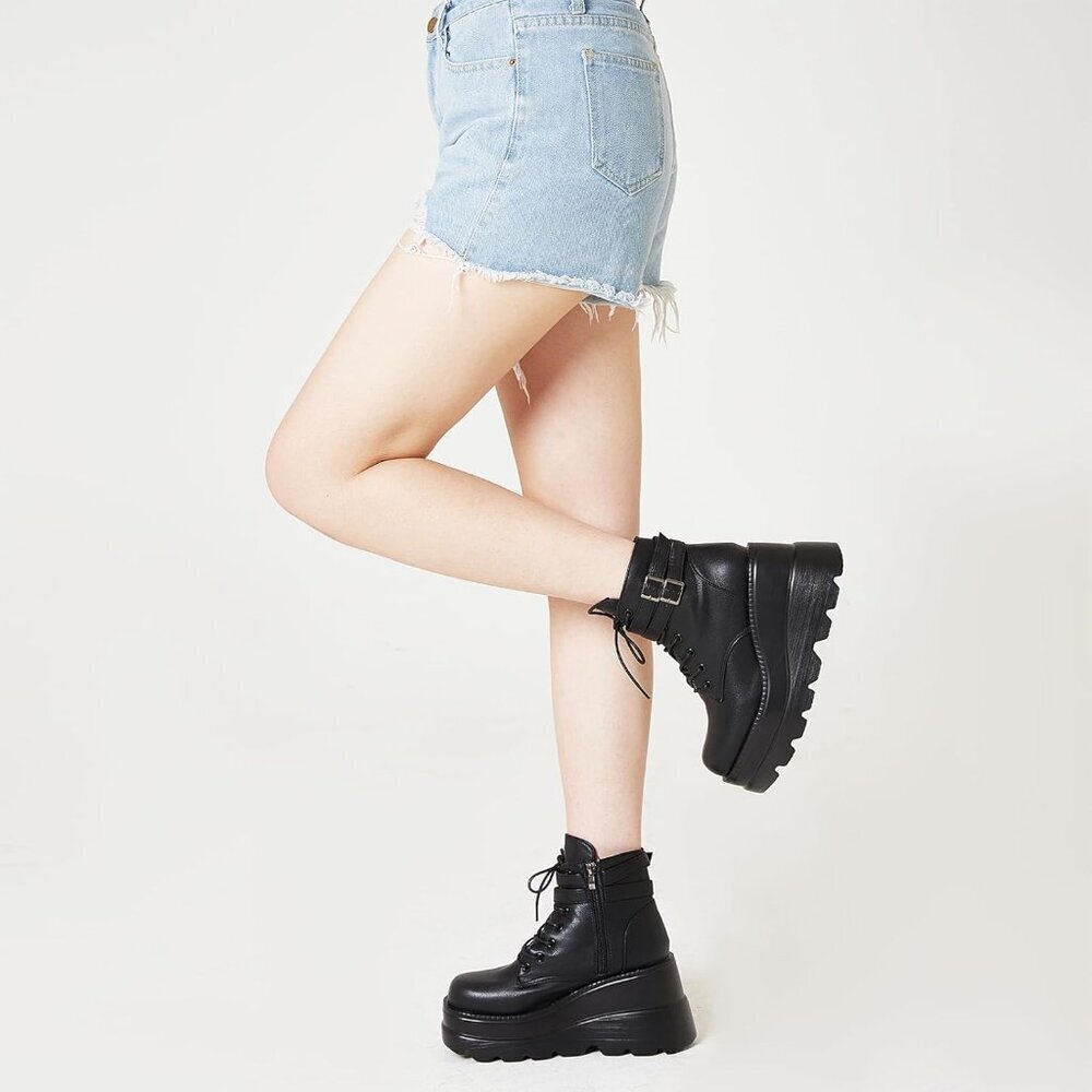 Women Synthetic 4-Black Chunky High Heel Lace Up Motorcycle Combat Boots - Picture 7 of 7